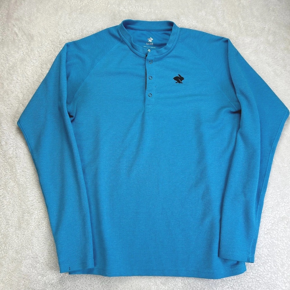 Rabbit Long-Sleeve Henley Shirt Mens S Blue Waffle Knit Athletic "Read"